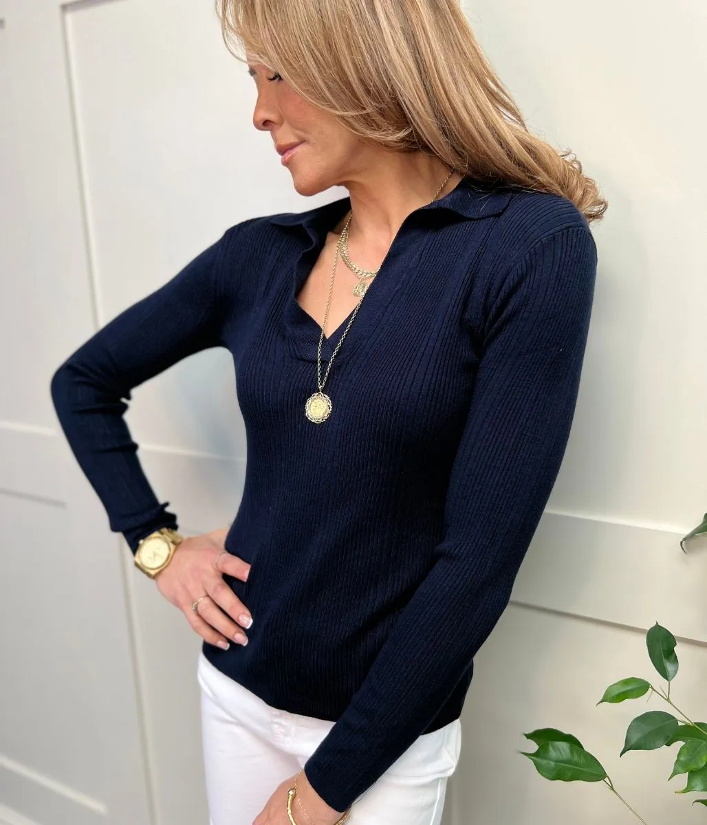 Navy Collared Ribbed Jumper