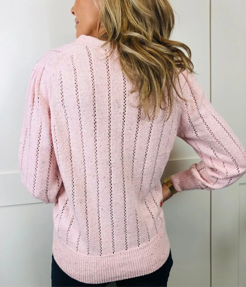 Pale Pink Pointelle Button V Neck Jumper