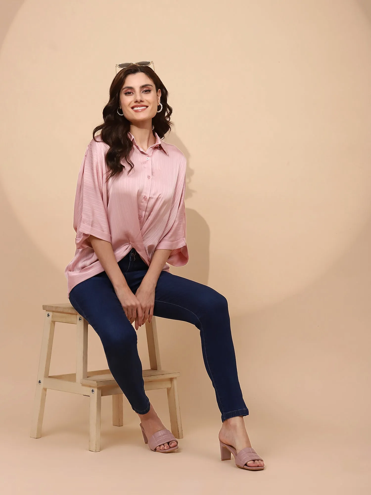 Pink Polyester Blend Loose Fit Blouson Top For Women
