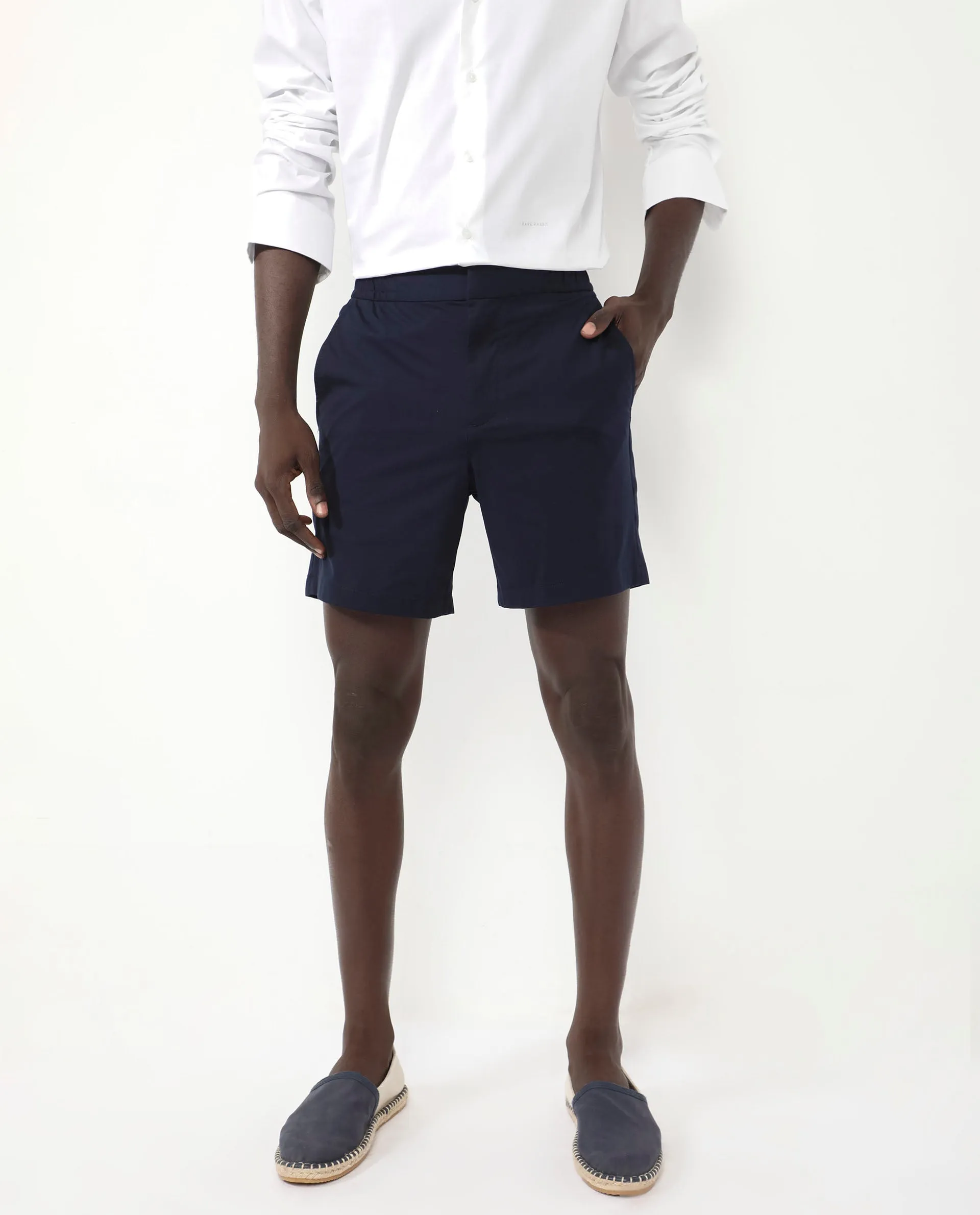 Rare Rabbit Mens Myka Navy Cotton Elastane Fabric Button And Zip Closure Relaxed Fit Solid Shorts
