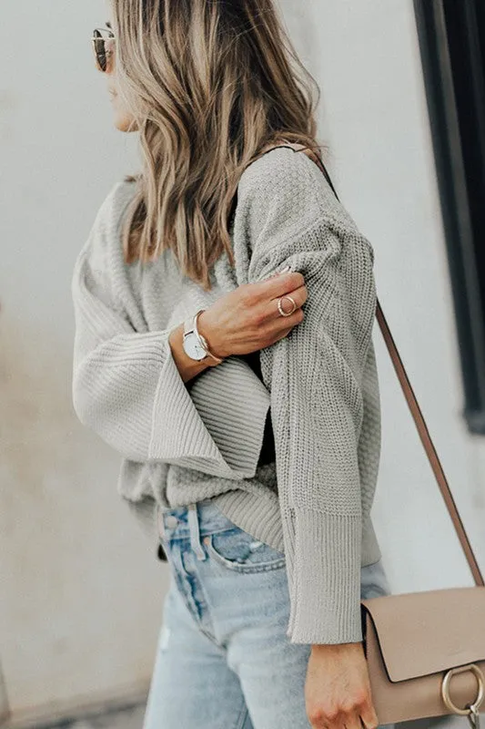 Solid Knit Split Cuff Drop Shoulder Sweater