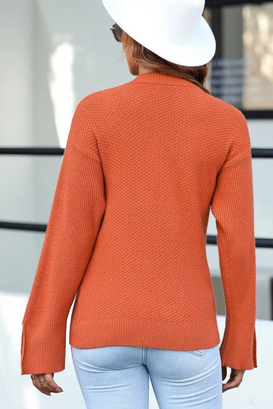 Solid Knit Split Cuff Drop Shoulder Sweater
