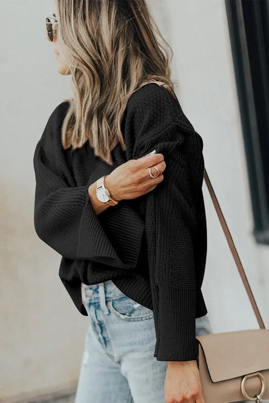 Solid Knit Split Cuff Drop Shoulder Sweater