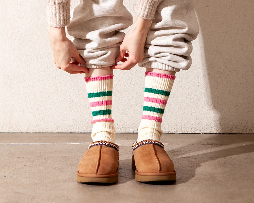 Women's Organic Cotton Striped Ribbed Socks - Vanilla Cream/PinkGreen