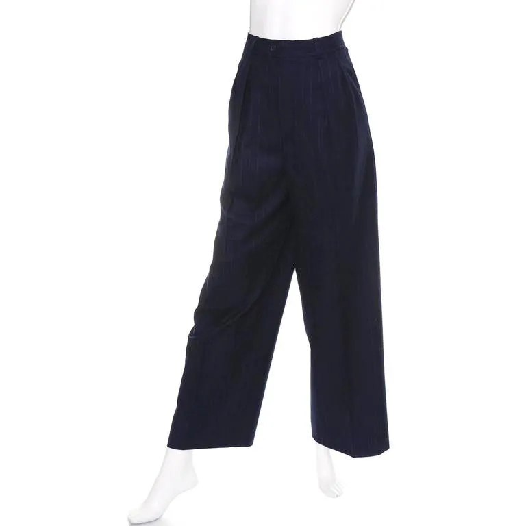 YSL Yves Saint Laurent Vintage Blue Pinstripe Pantsuit Cashmere Wool 40/8