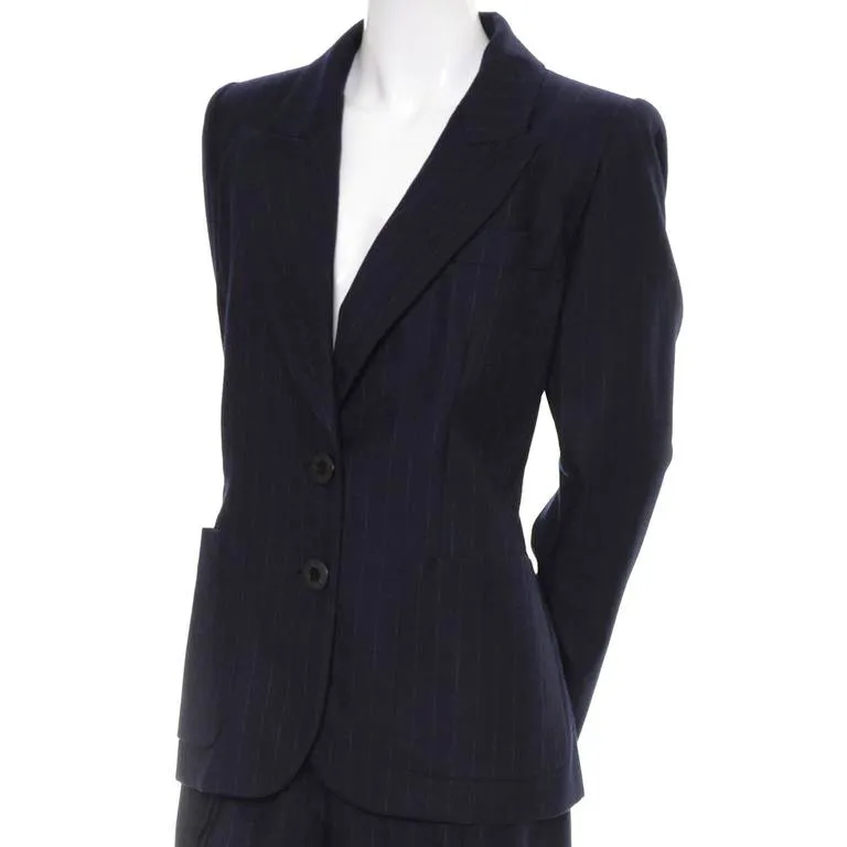 YSL Yves Saint Laurent Vintage Blue Pinstripe Pantsuit Cashmere Wool 40/8