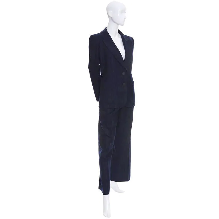 YSL Yves Saint Laurent Vintage Blue Pinstripe Pantsuit Cashmere Wool 40/8