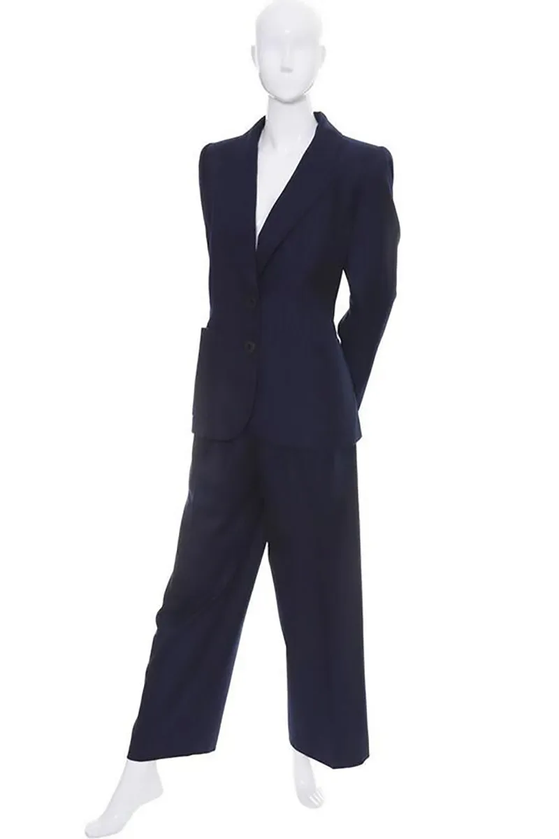 YSL Yves Saint Laurent Vintage Blue Pinstripe Pantsuit Cashmere Wool 40/8